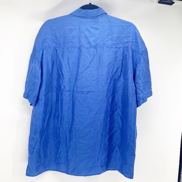 Vintage Quarters 100% Silk Short Sleeve Button Down Shirt blue hi lo split hem - Picture 7 of 7